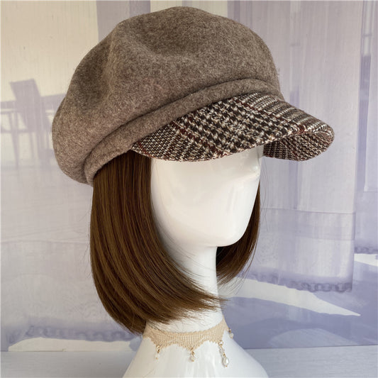 Premium Australian Wool Newsboy Cap - Mocha with Plaid Brim