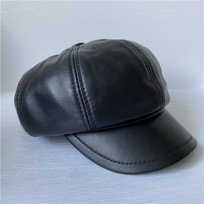 Genuine Leather Short Brim Newsboy Cap