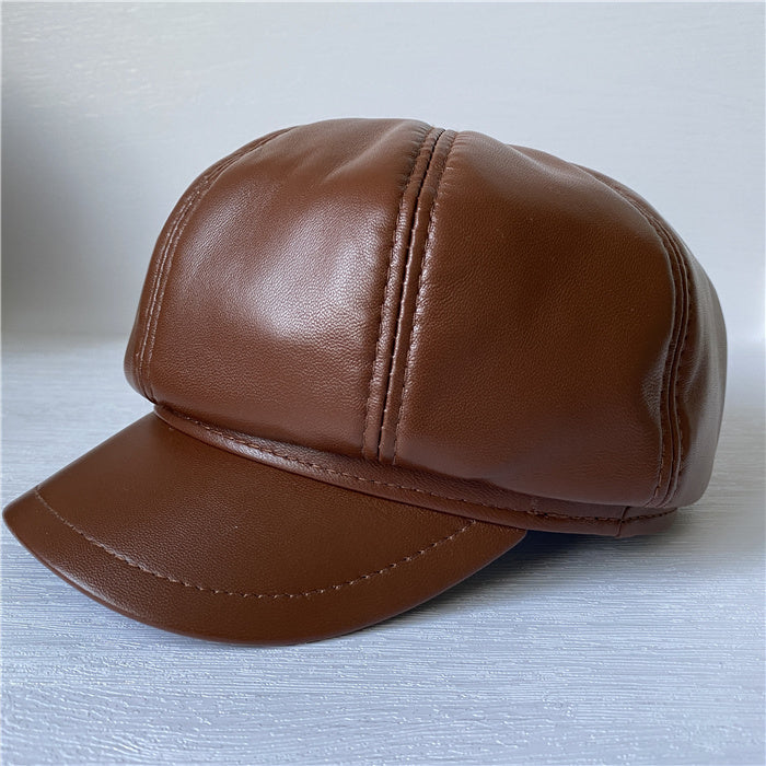 Genuine Leather Short Brim Newsboy Cap