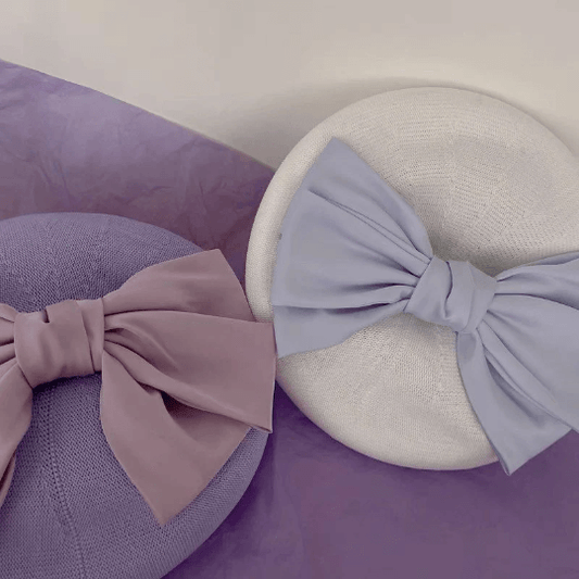 Handmade Solid Colour Beret Hat with Breathable Material with Bow Tie.