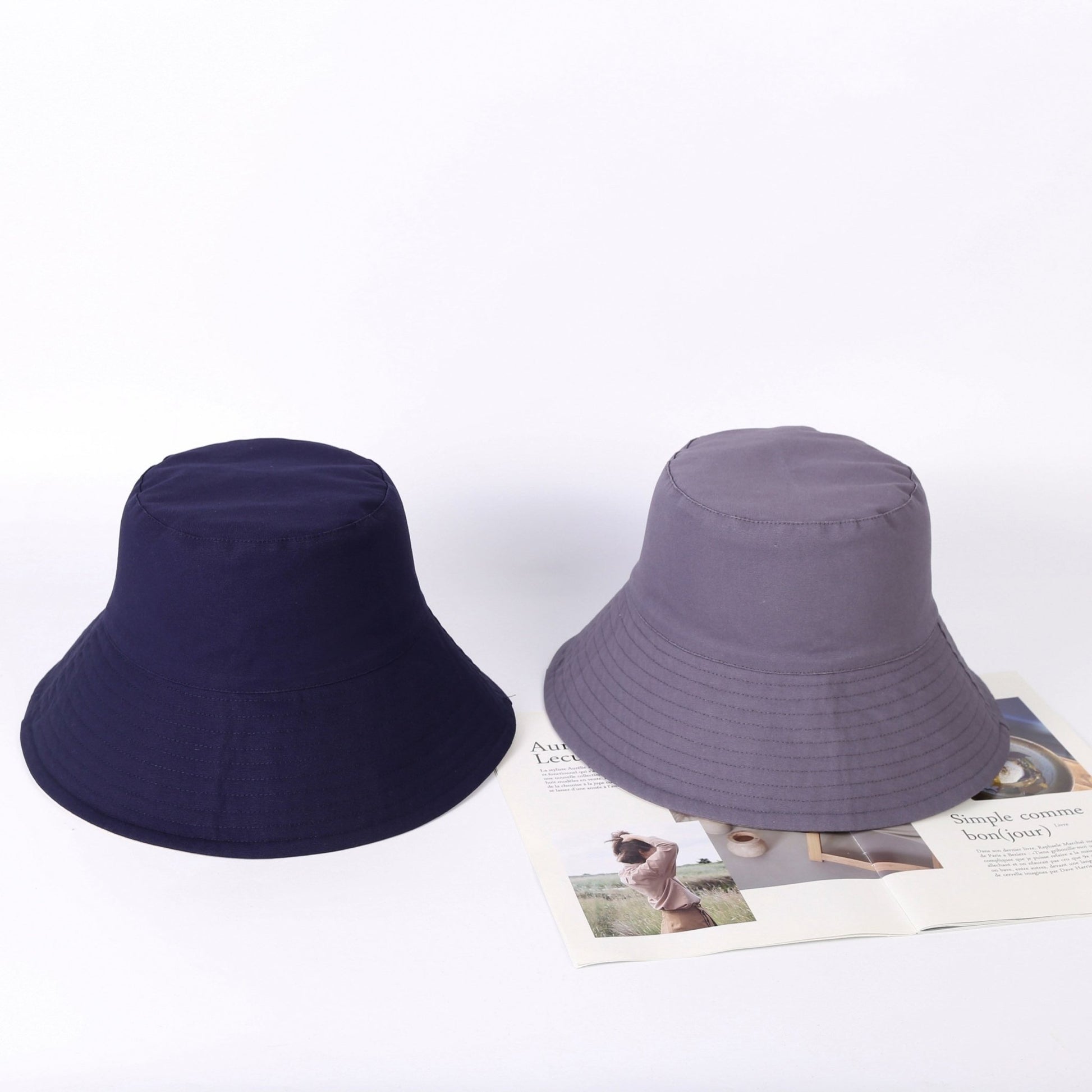 Oversized Unisex Reversible Wide Brim Bucket Hat, Navy-Beige / M:56-58 cm