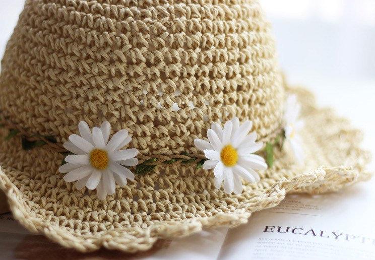 Summer Daisy Beach Straw Hat for Women and Girl Kid:49-53cm